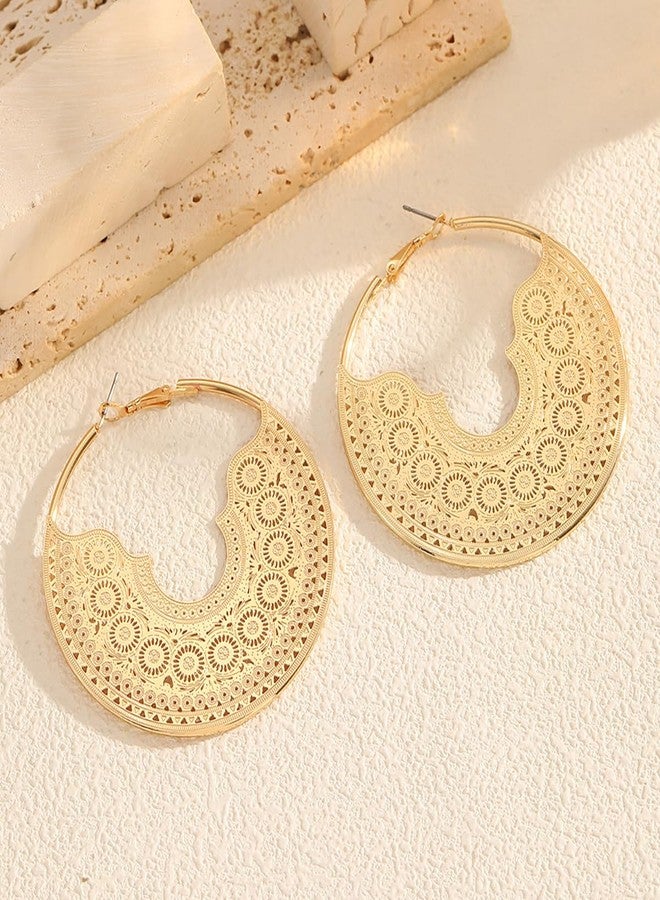 IS4U Chunky Metal Hoop Earrings Vintage Bohemian Textured Statement Earrings Gold Silver Oversized Polished Hollow Metal Circle Hoop Trendy 90s Geometric Round Dangle Drop Earrings Birthday Party Dress Christmas Jewelry for Women (Gold) - Image 5